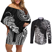 Hawaii Polynesian Couples Matching Off Shoulder Short Dress and Long Sleeve Button Shirts Gorila Tatoo Polynesian Style - Wonder Print Shop
