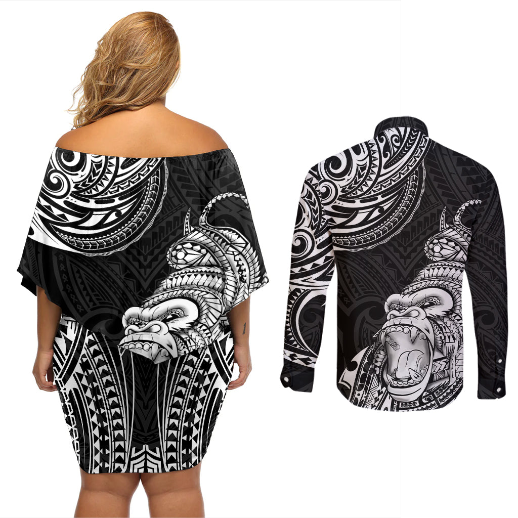 Hawaii Polynesian Couples Matching Off Shoulder Short Dress and Long Sleeve Button Shirts Gorila Tatoo Polynesian Style - Wonder Print Shop