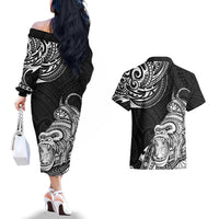 Hawaii Polynesian Couples Matching Off The Shoulder Long Sleeve Dress and Hawaiian Shirt Gorila Tatoo Polynesian Style - Wonder Print Shop