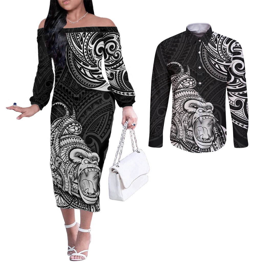 hawaii-polynesian-couples-matching-off-the-shoulder-long-sleeve-dress-and-long-sleeve-button-shirts-gorila-tatoo-polynesian-style