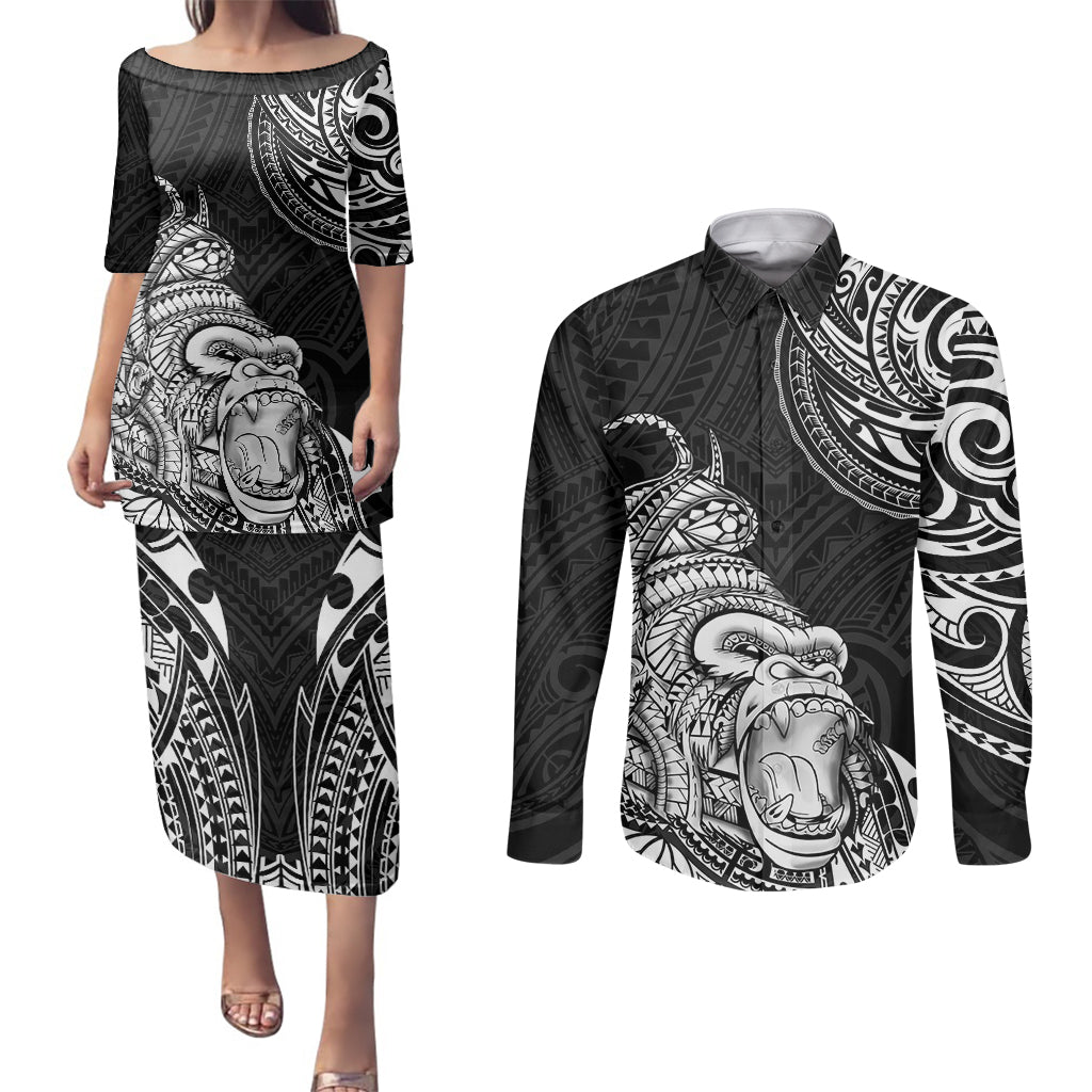 Hawaii Polynesian Couples Matching Puletasi Dress and Long Sleeve Button Shirts Gorila Tatoo Polynesian Style - Wonder Print Shop