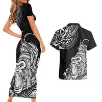 Hawaii Polynesian Couples Matching Short Sleeve Bodycon Dress and Hawaiian Shirt Gorila Tatoo Polynesian Style - Wonder Print Shop