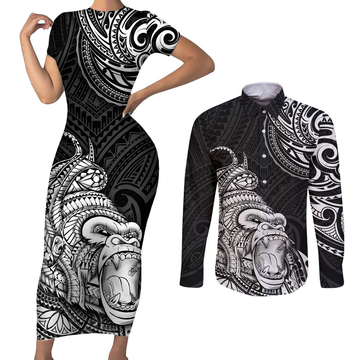 Hawaii Polynesian Couples Matching Short Sleeve Bodycon Dress and Long Sleeve Button Shirts Gorila Tatoo Polynesian Style - Wonder Print Shop