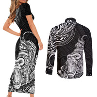 Hawaii Polynesian Couples Matching Short Sleeve Bodycon Dress and Long Sleeve Button Shirts Gorila Tatoo Polynesian Style - Wonder Print Shop