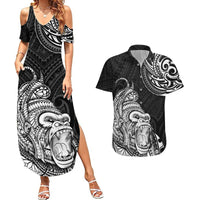 Hawaii Polynesian Couples Matching Summer Maxi Dress and Hawaiian Shirt Gorila Tatoo Polynesian Style - Wonder Print Shop