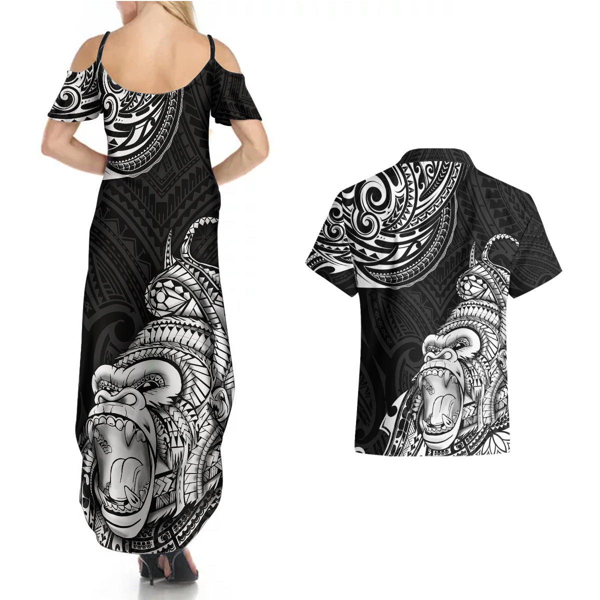 Hawaii Polynesian Couples Matching Summer Maxi Dress and Hawaiian Shirt Gorila Tatoo Polynesian Style - Wonder Print Shop