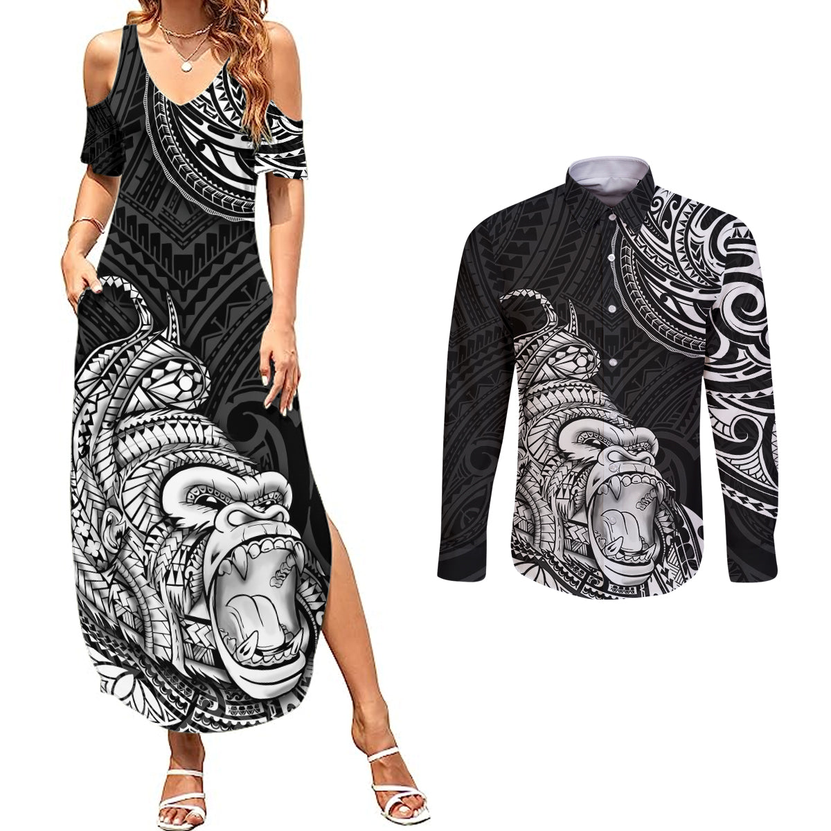 Hawaii Polynesian Couples Matching Summer Maxi Dress and Long Sleeve Button Shirts Gorila Tatoo Polynesian Style - Wonder Print Shop