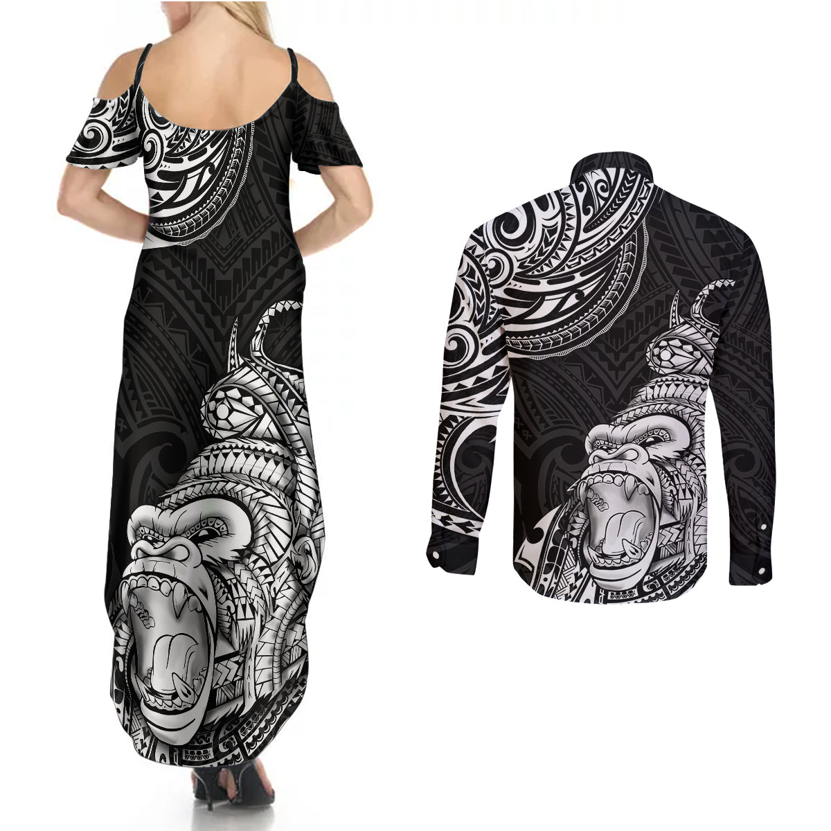 Hawaii Polynesian Couples Matching Summer Maxi Dress and Long Sleeve Button Shirts Gorila Tatoo Polynesian Style - Wonder Print Shop