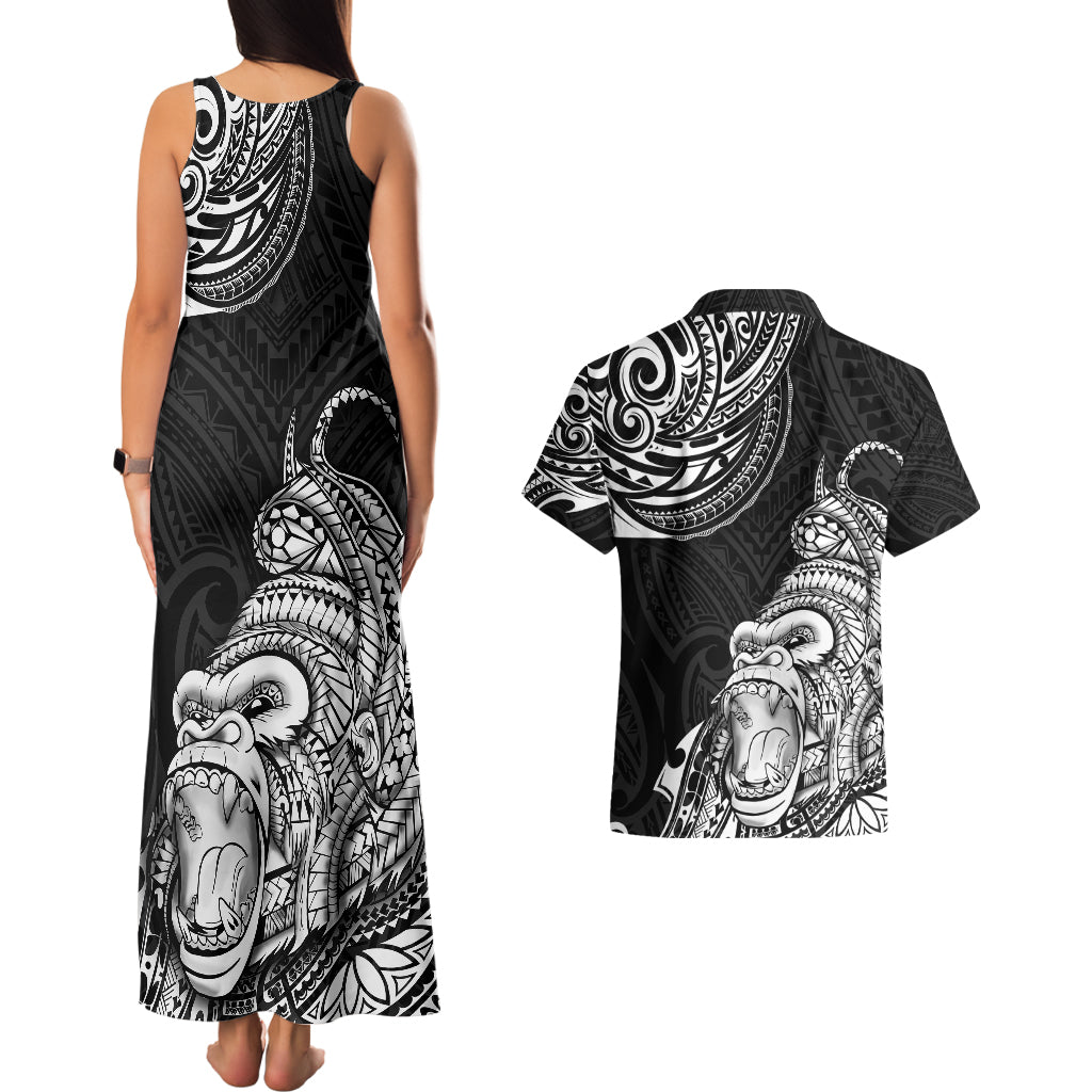Hawaii Polynesian Couples Matching Tank Maxi Dress and Hawaiian Shirt Gorila Tatoo Polynesian Style - Wonder Print Shop