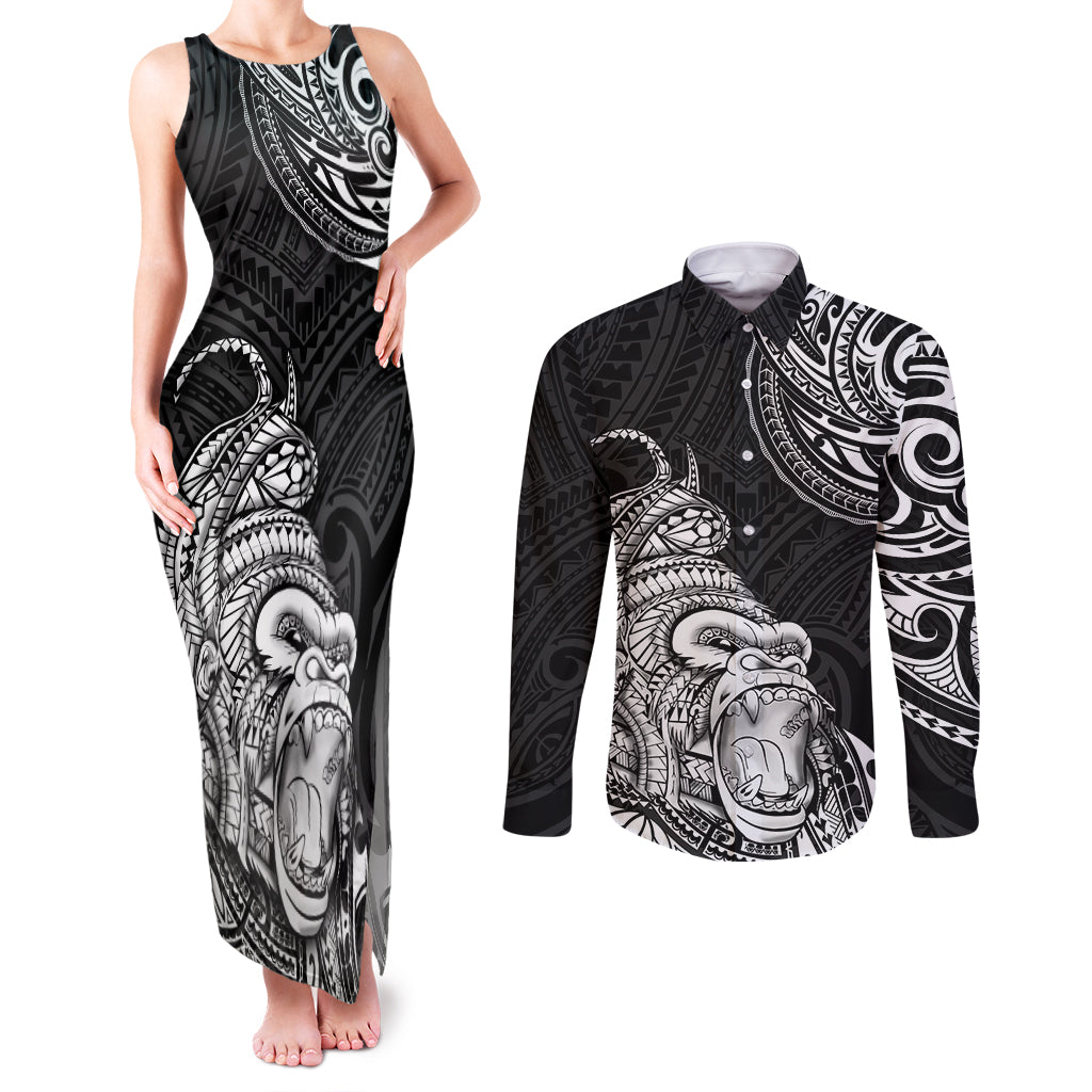 Hawaii Polynesian Couples Matching Tank Maxi Dress and Long Sleeve Button Shirts Gorila Tatoo Polynesian Style - Wonder Print Shop