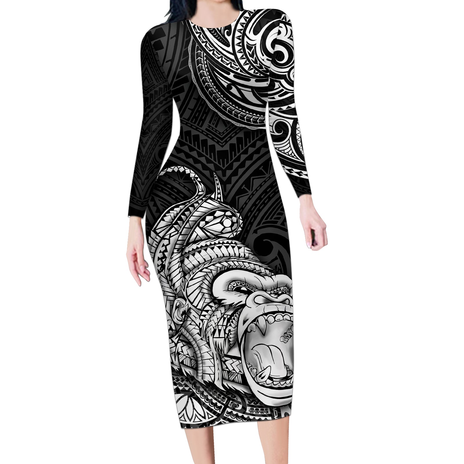 Hawaii Polynesian Long Sleeve Bodycon Dress Gorila Tatoo Polynesian Style - Wonder Print Shop