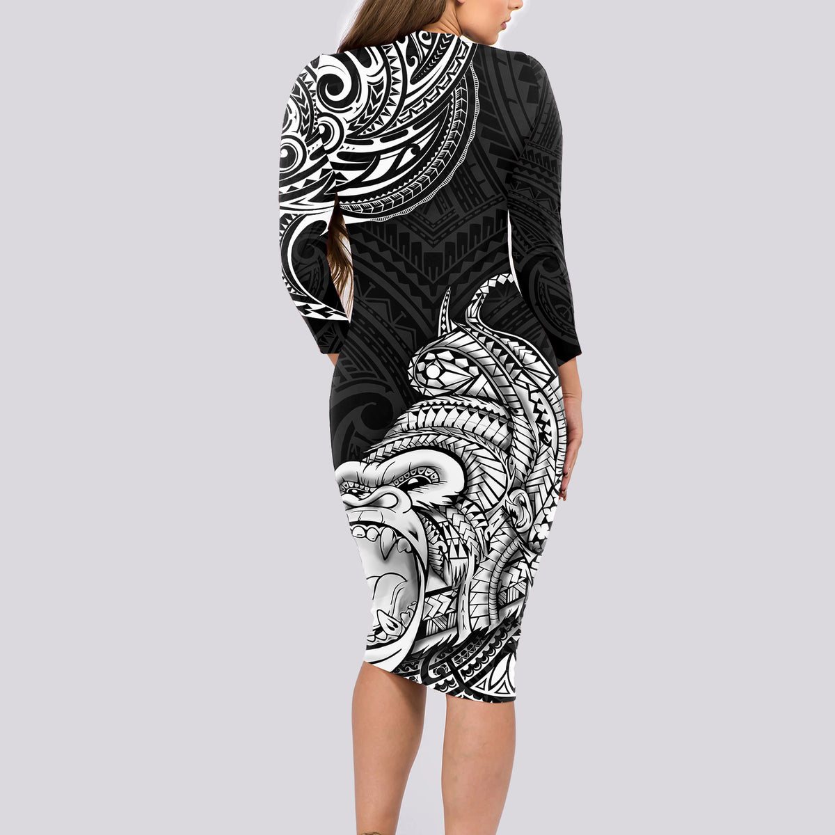 Hawaii Polynesian Long Sleeve Bodycon Dress Gorila Tatoo Polynesian Style - Wonder Print Shop