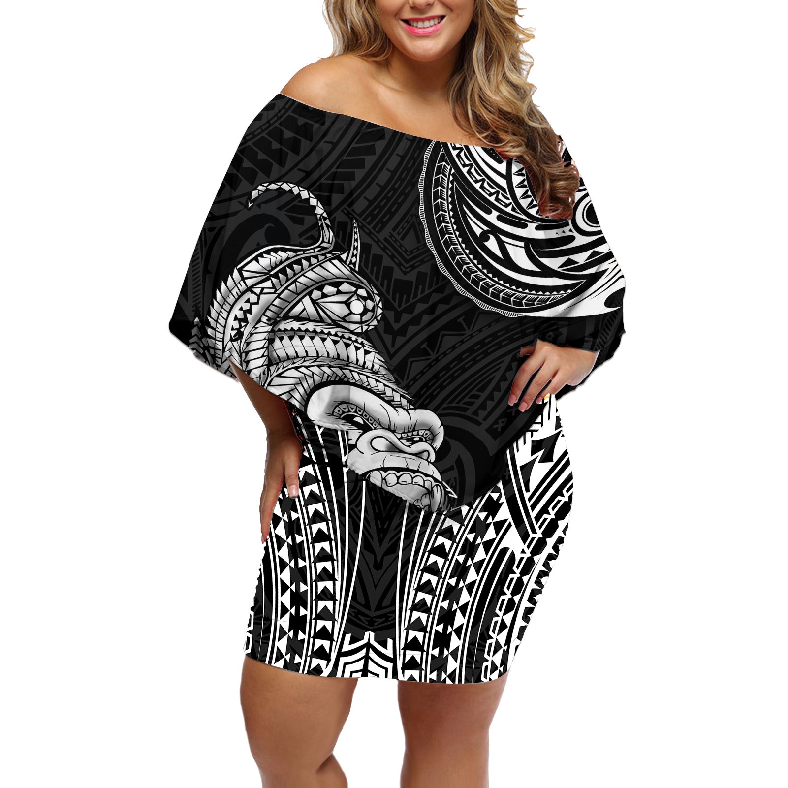 Hawaii Polynesian Off Shoulder Short Dress Gorila Tatoo Polynesian Style - Wonder Print Shop