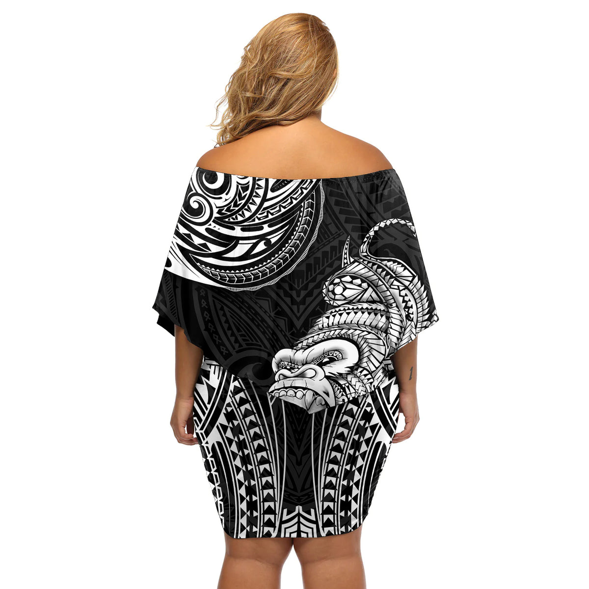 Hawaii Polynesian Off Shoulder Short Dress Gorila Tatoo Polynesian Style - Wonder Print Shop