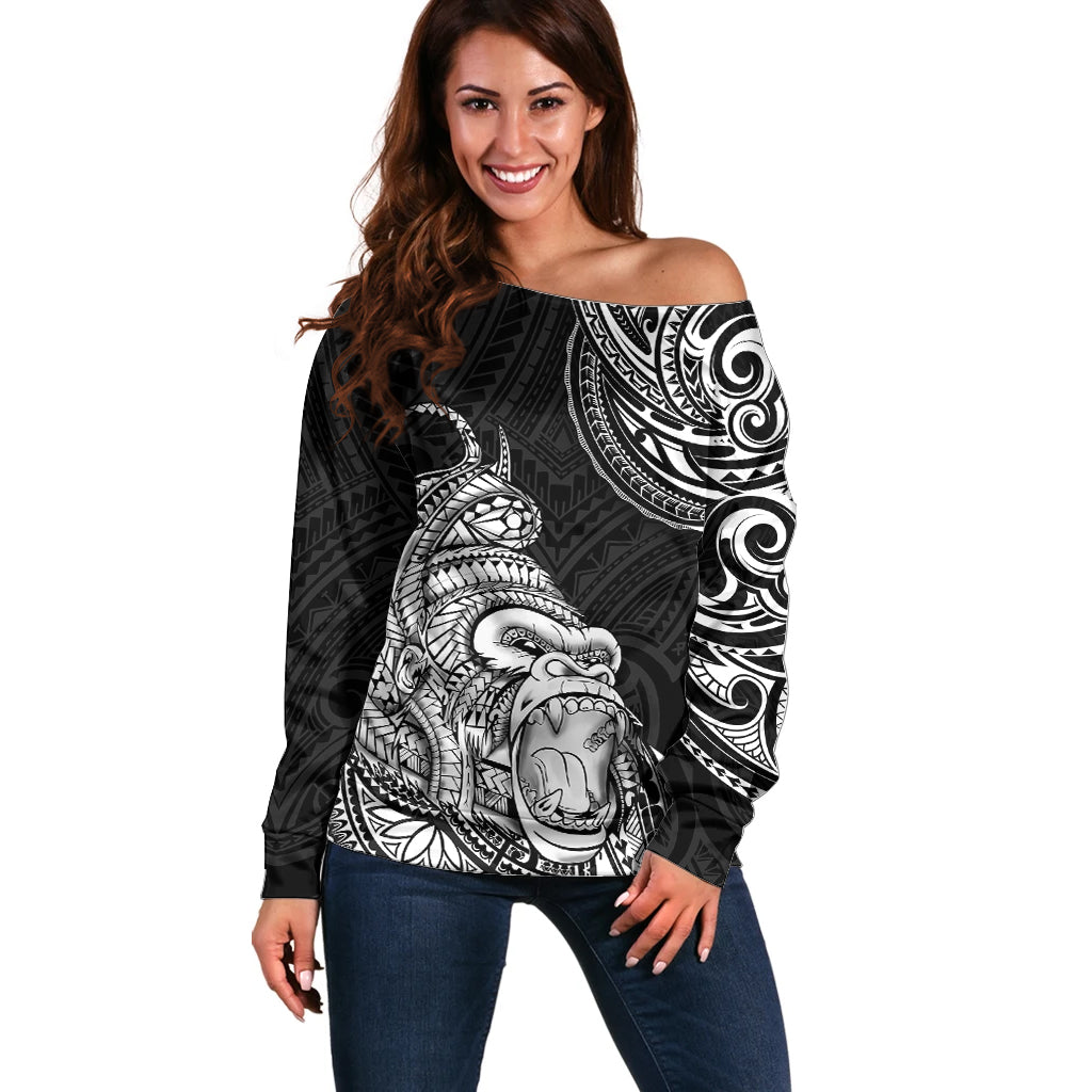 Hawaii Polynesian Off Shoulder Sweater Gorila Tatoo Polynesian Style - Wonder Print Shop