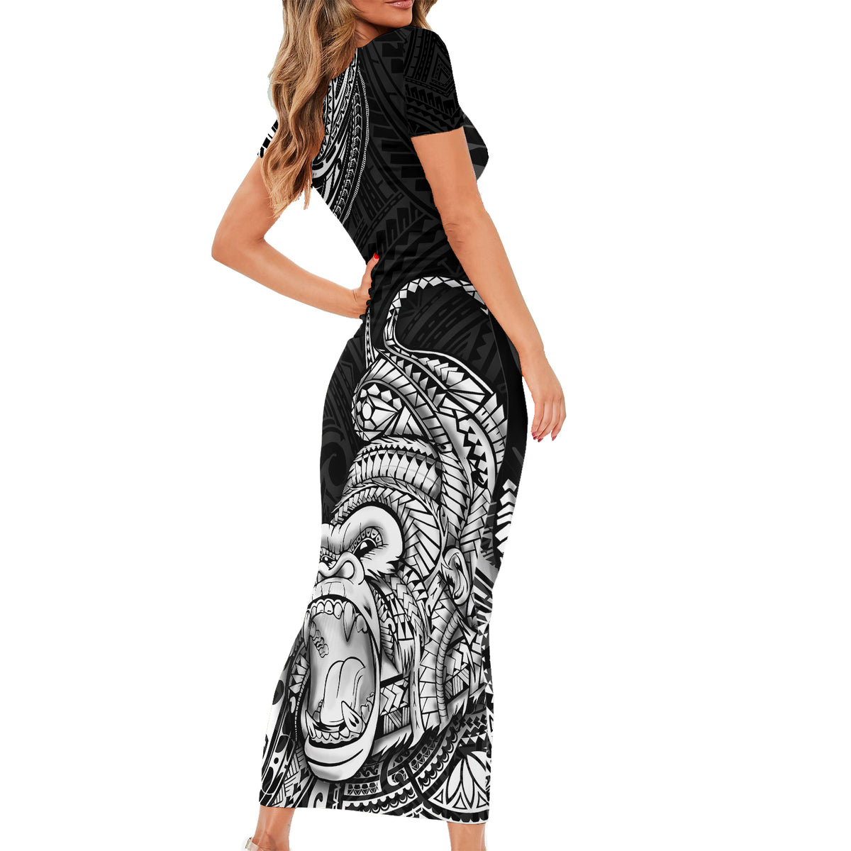Hawaii Polynesian Short Sleeve Bodycon Dress Gorila Tatoo Polynesian Style - Wonder Print Shop