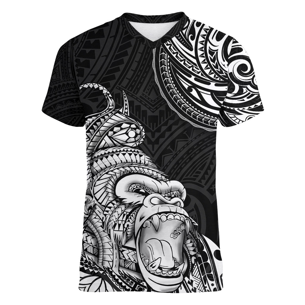 Hawaii Polynesian Women V Neck T Shirt Gorila Tatoo Polynesian Style - Wonder Print Shop