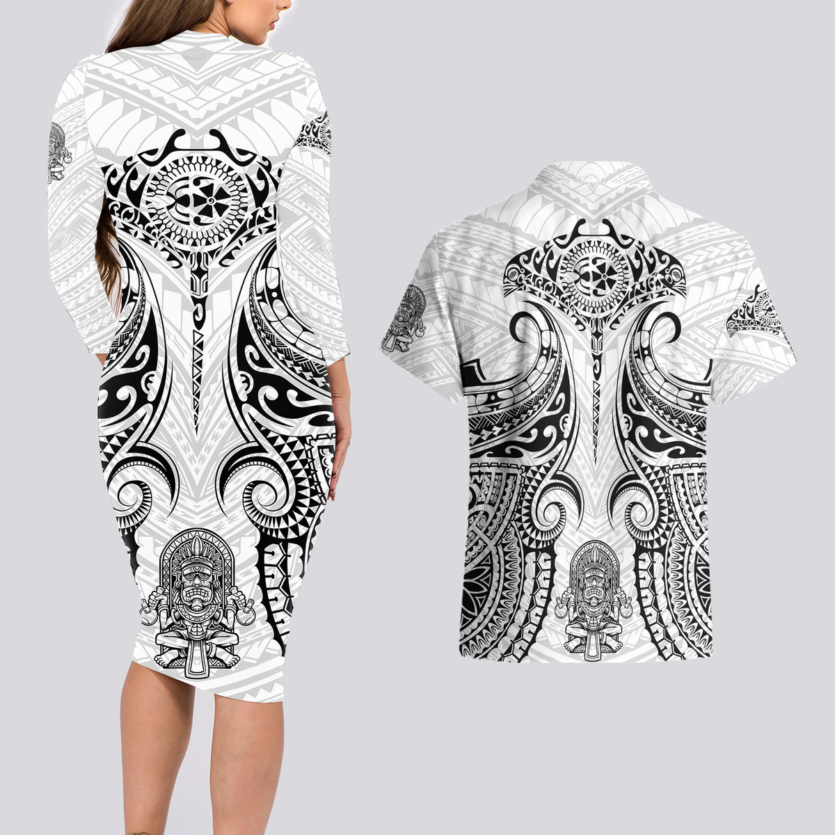 Hawaii Polynesian Couples Matching Long Sleeve Bodycon Dress and Hawaiian Shirt Warrior symbol - Wonder Print Shop