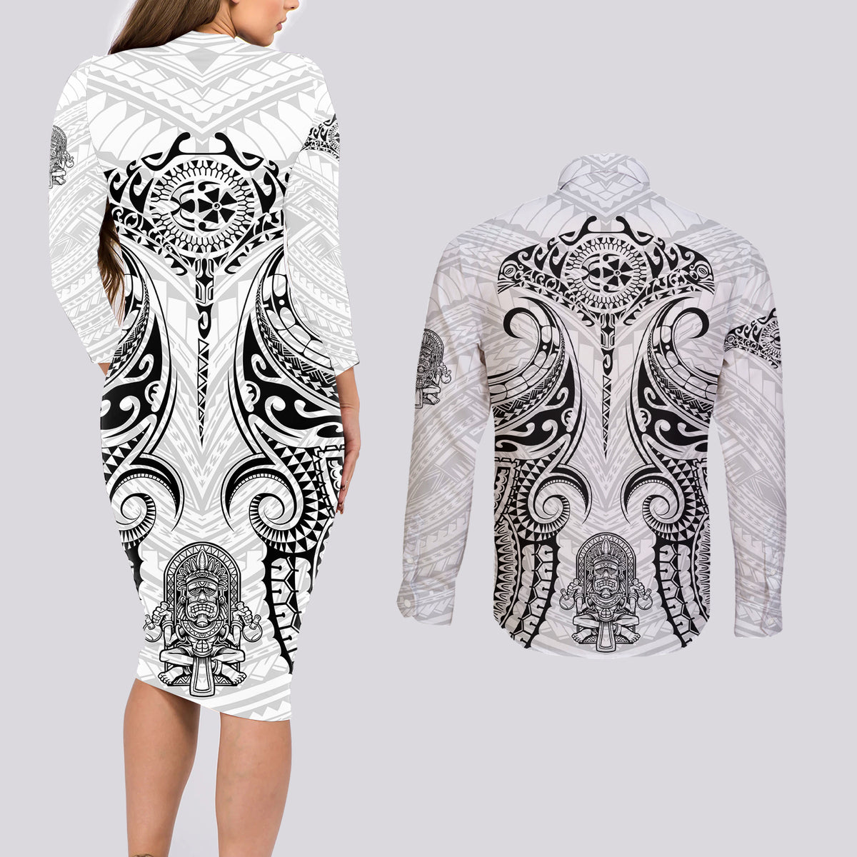 Hawaii Polynesian Couples Matching Long Sleeve Bodycon Dress and Long Sleeve Button Shirts Warrior symbol - Wonder Print Shop