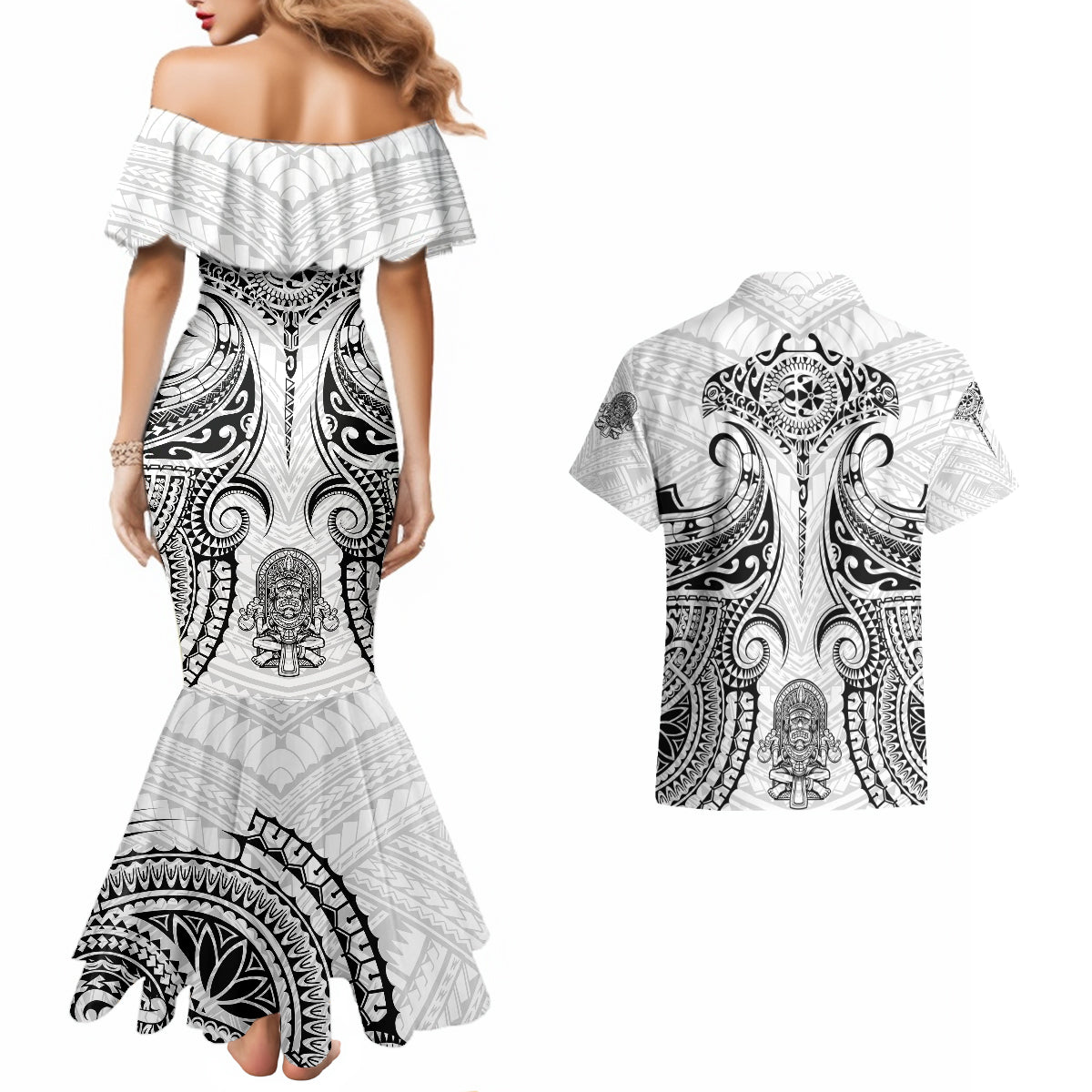 Hawaii Polynesian Couples Matching Mermaid Dress and Hawaiian Shirt Warrior symbol - Wonder Print Shop