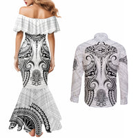 hawaii-polynesian-couples-matching-mermaid-dress-and-long-sleeve-button-shirts-warrior-symbol