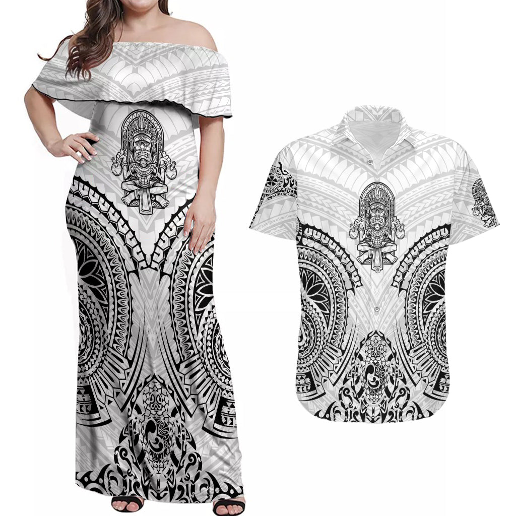 Hawaii Polynesian Couples Matching Off Shoulder Maxi Dress and Hawaiian Shirt Warrior symbol - Wonder Print Shop
