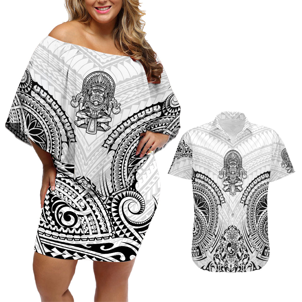 Hawaii Polynesian Couples Matching Off Shoulder Short Dress and Hawaiian Shirt Warrior symbol - Wonder Print Shop