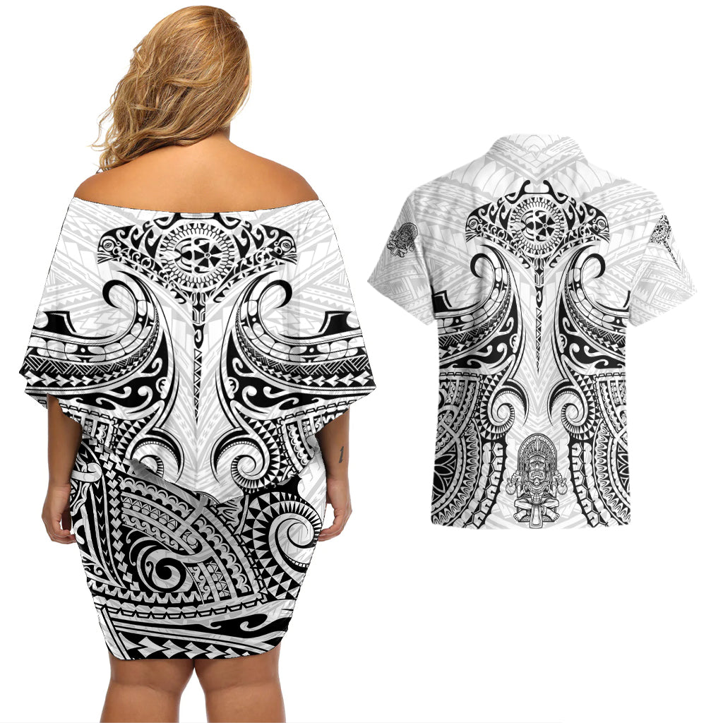 Hawaii Polynesian Couples Matching Off Shoulder Short Dress and Hawaiian Shirt Warrior symbol - Wonder Print Shop
