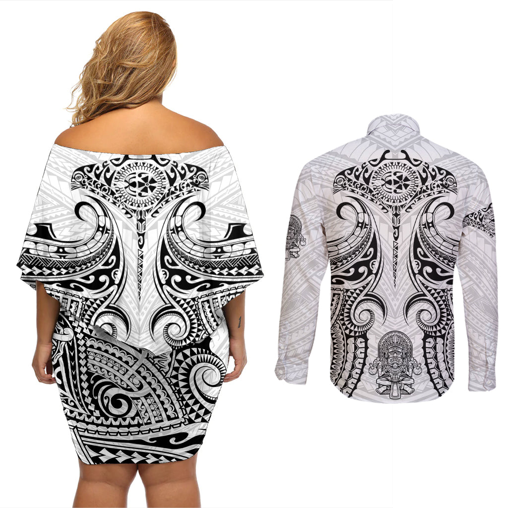 Hawaii Polynesian Couples Matching Off Shoulder Short Dress and Long Sleeve Button Shirts Warrior symbol - Wonder Print Shop