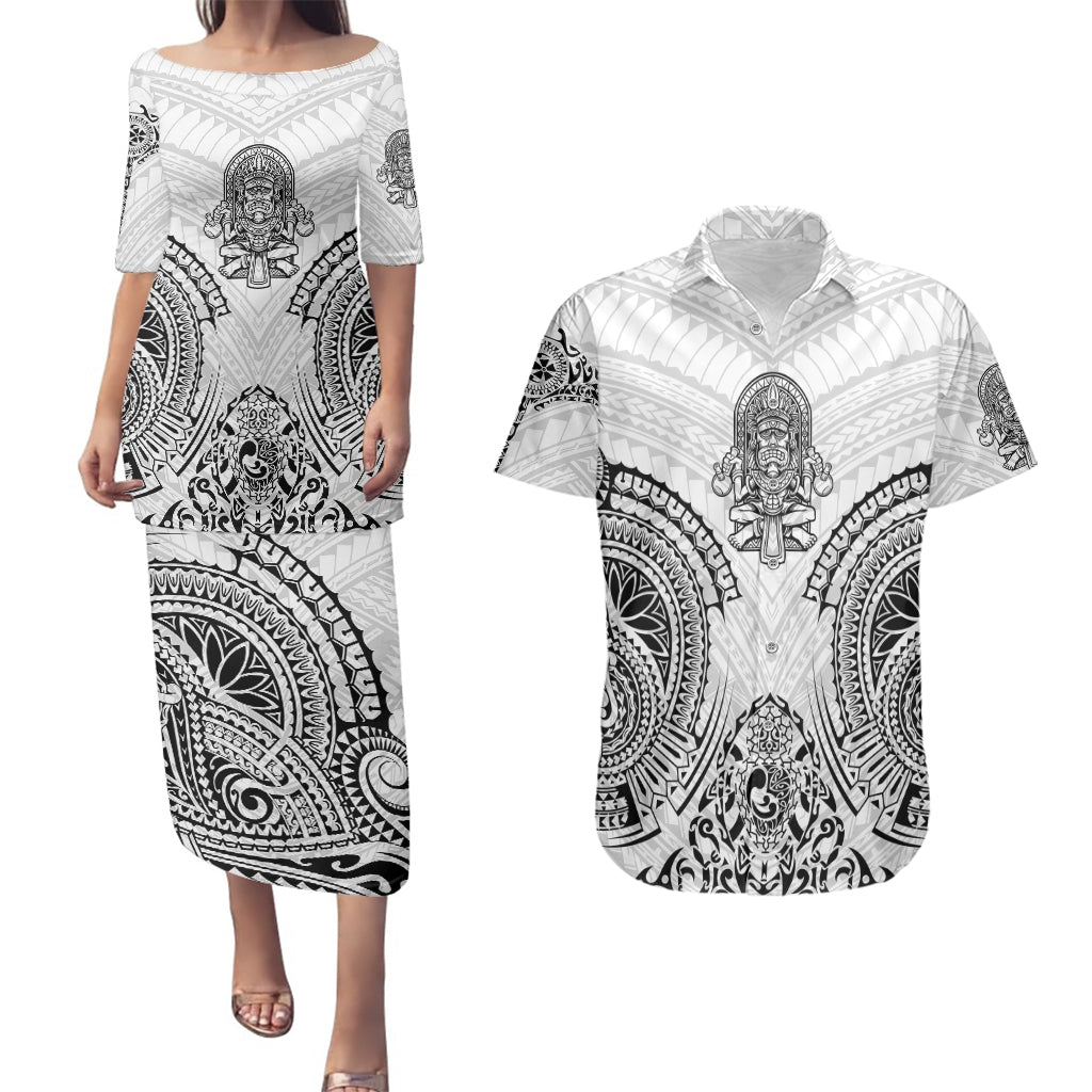 Hawaii Polynesian Couples Matching Puletasi Dress and Hawaiian Shirt Warrior symbol - Wonder Print Shop