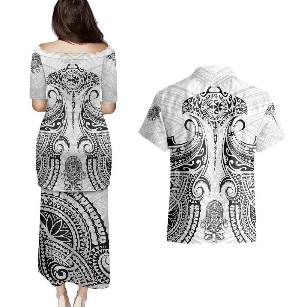 Hawaii Polynesian Couples Matching Puletasi Dress and Hawaiian Shirt Warrior symbol - Wonder Print Shop