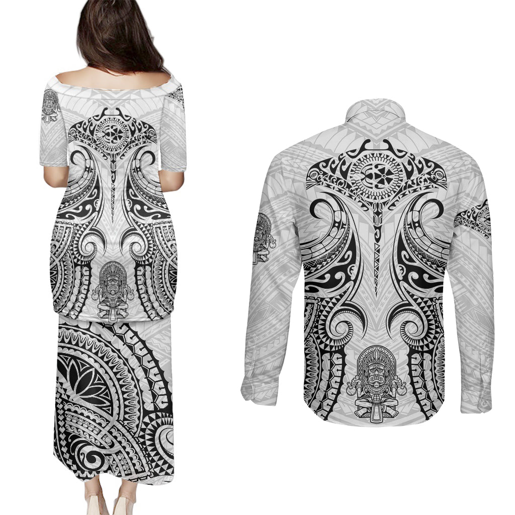Hawaii Polynesian Couples Matching Puletasi Dress and Long Sleeve Button Shirts Warrior symbol - Wonder Print Shop