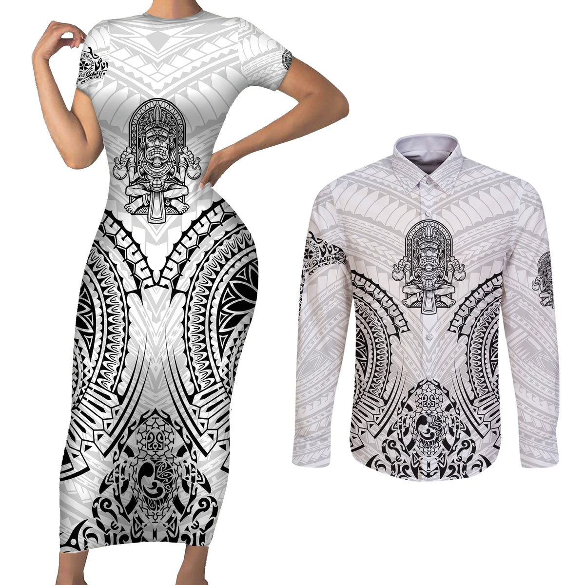 Hawaii Polynesian Couples Matching Short Sleeve Bodycon Dress and Long Sleeve Button Shirts Warrior symbol - Wonder Print Shop