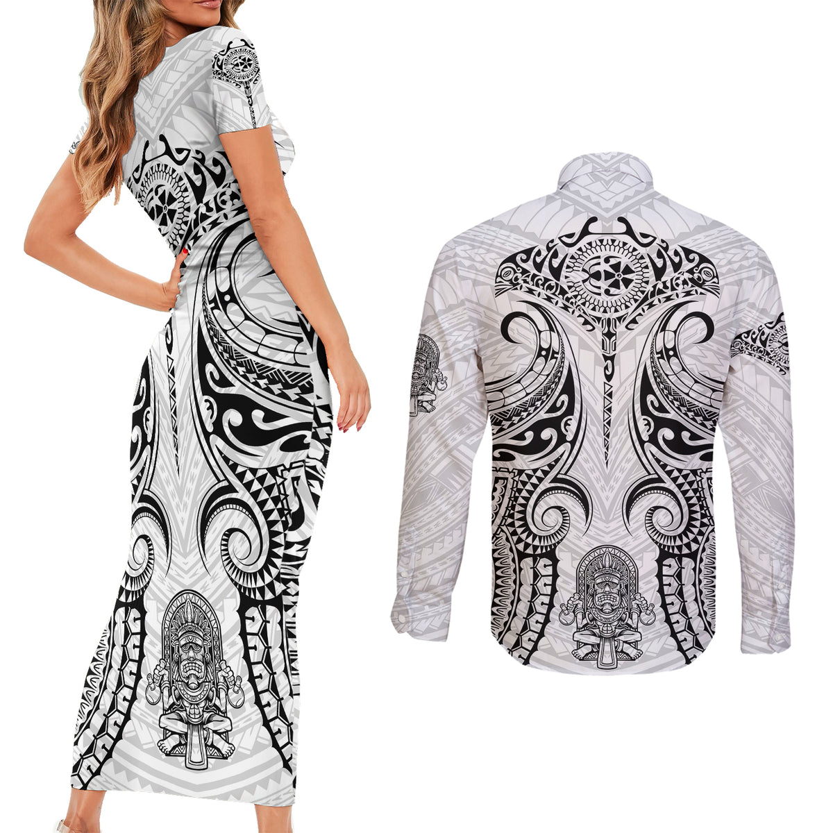 Hawaii Polynesian Couples Matching Short Sleeve Bodycon Dress and Long Sleeve Button Shirts Warrior symbol - Wonder Print Shop