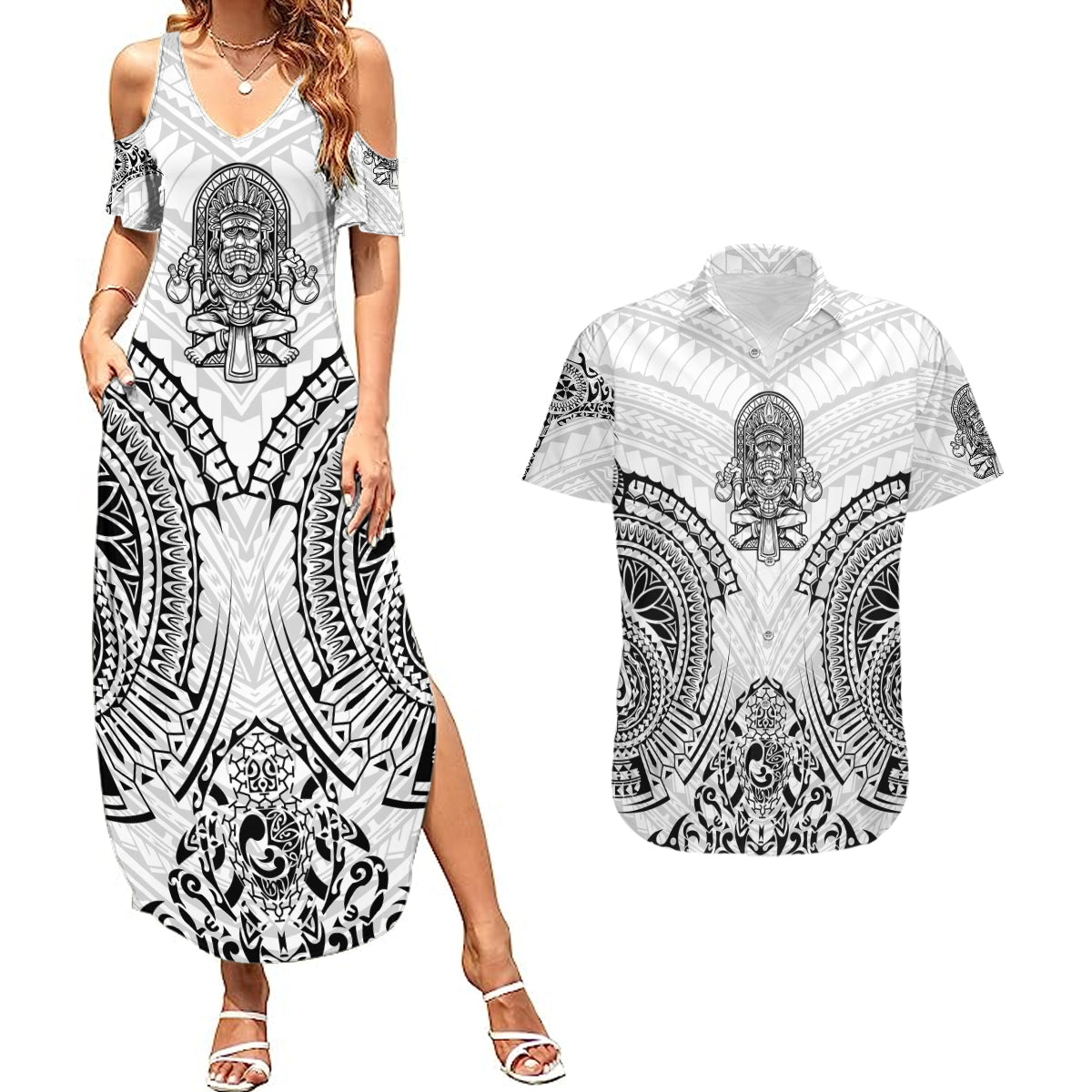 Hawaii Polynesian Couples Matching Summer Maxi Dress and Hawaiian Shirt Warrior symbol - Wonder Print Shop