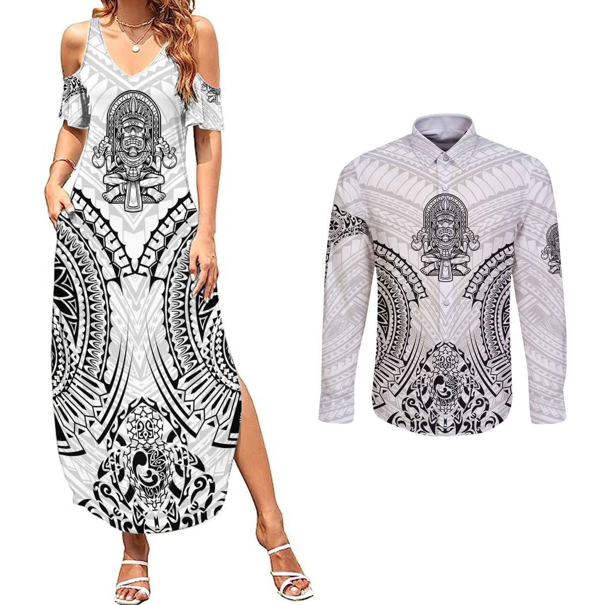 Hawaii Polynesian Couples Matching Summer Maxi Dress and Long Sleeve Button Shirts Warrior symbol - Wonder Print Shop