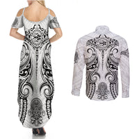Hawaii Polynesian Couples Matching Summer Maxi Dress and Long Sleeve Button Shirts Warrior symbol - Wonder Print Shop