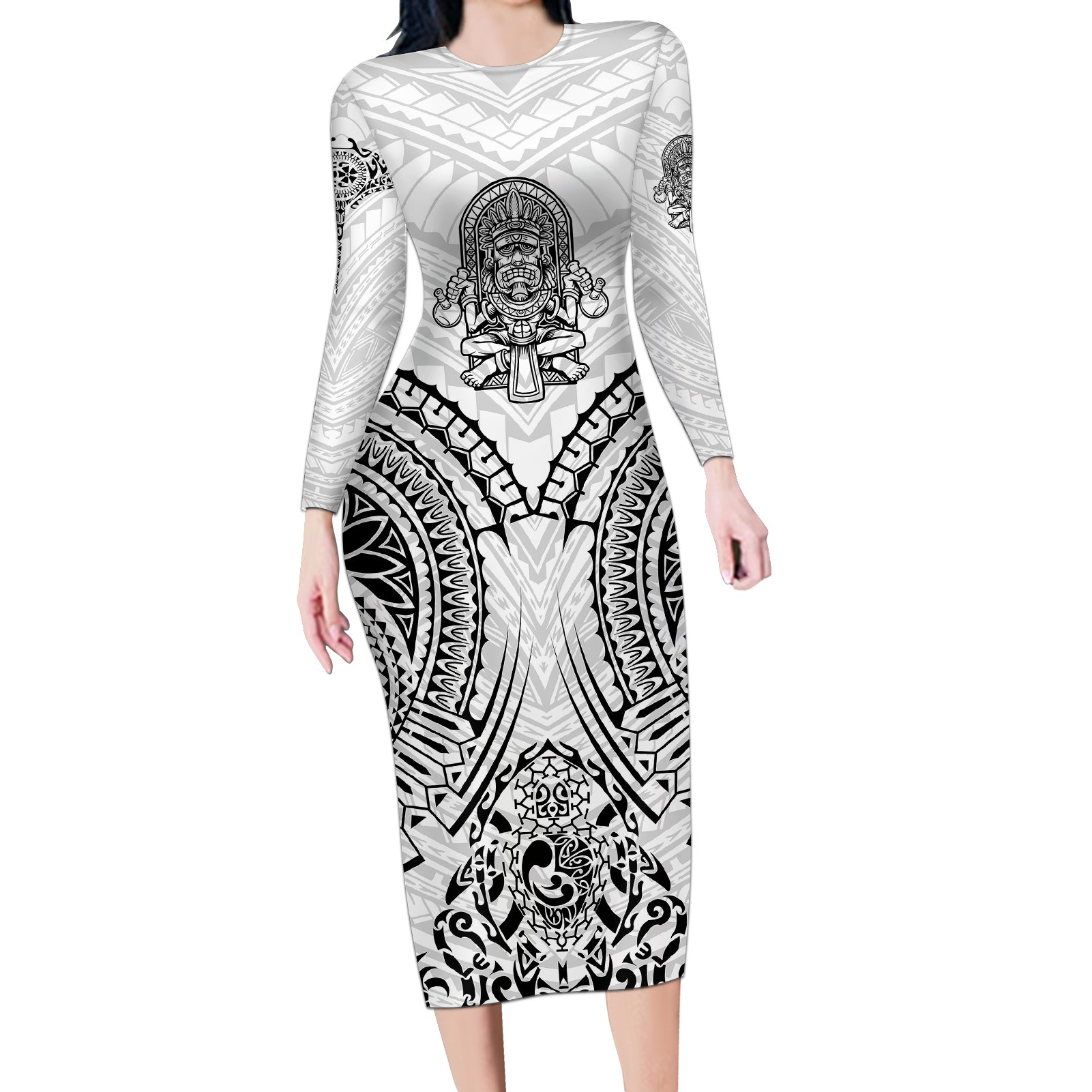 Hawaii Polynesian Long Sleeve Bodycon Dress Warrior symbol - Wonder Print Shop