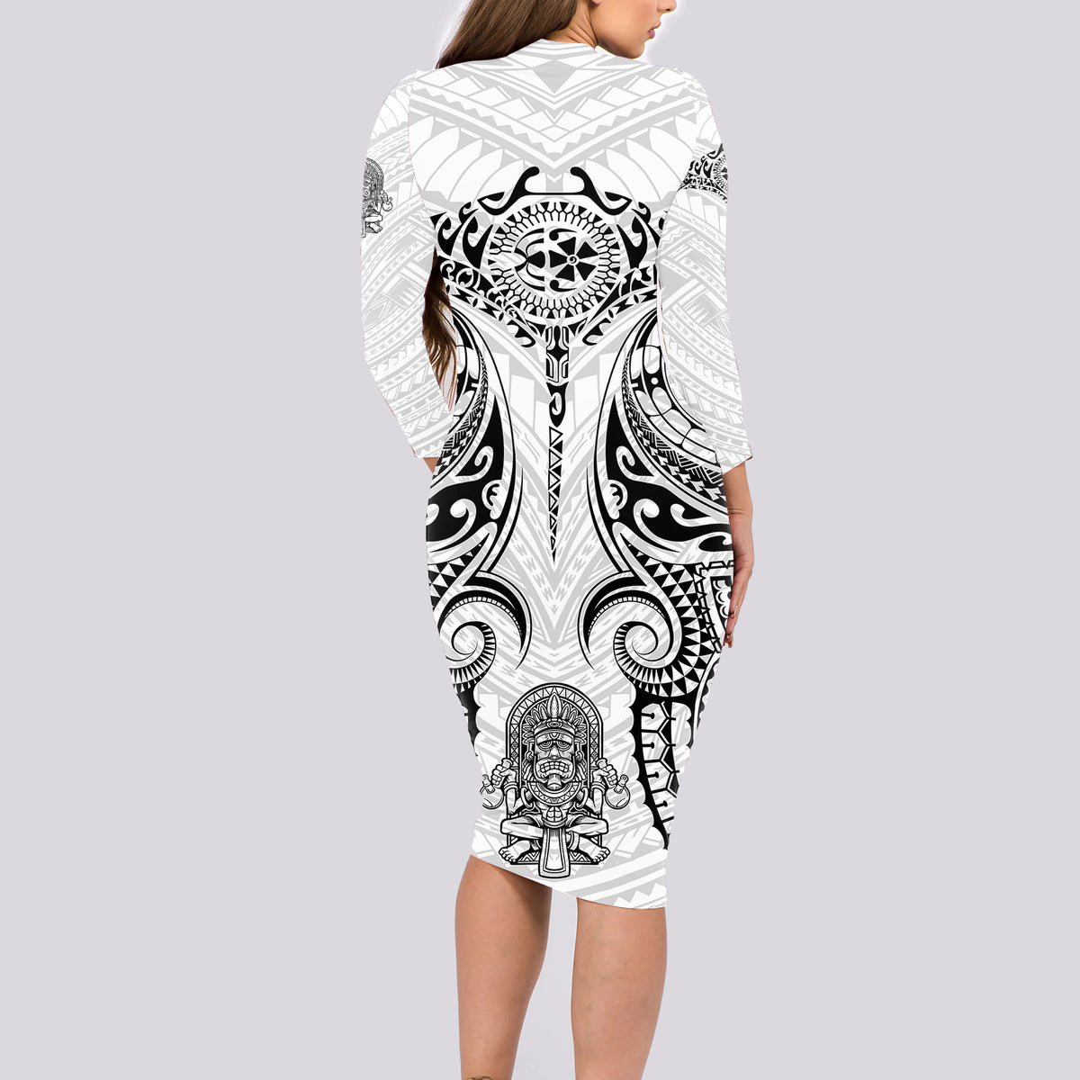 Hawaii Polynesian Long Sleeve Bodycon Dress Warrior symbol - Wonder Print Shop