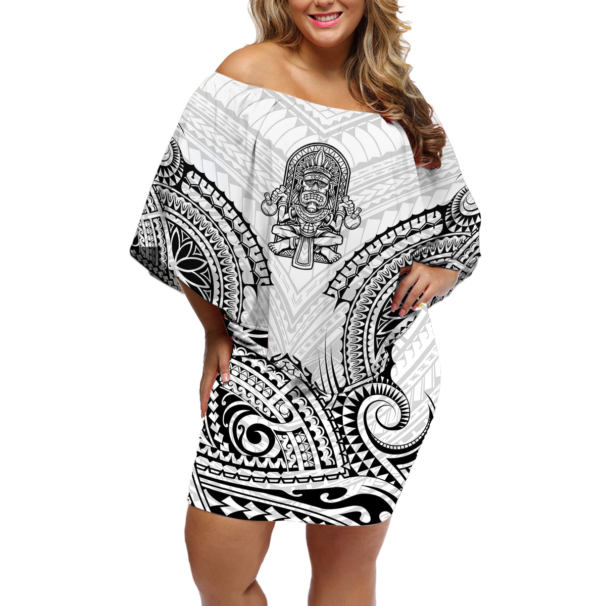 Hawaii Polynesian Off Shoulder Short Dress Warrior symbol - Wonder Print Shop
