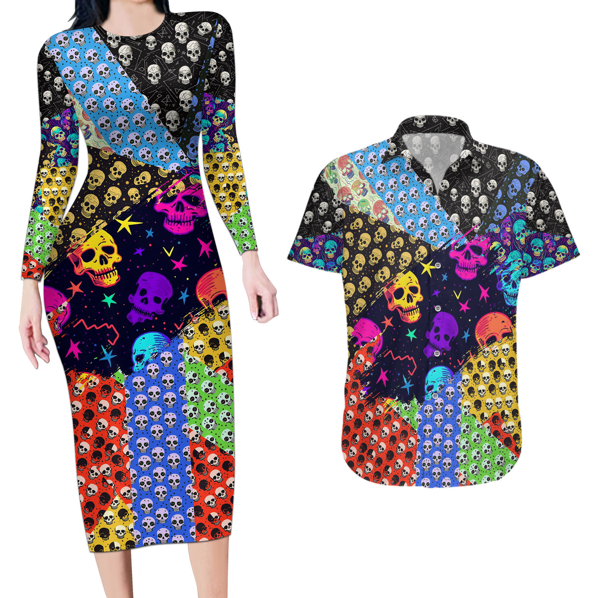 Skull Pattern Couples Matching Long Sleeve Bodycon Dress and Hawaiian Shirt Colorful Skull Pattern Mix - Wonder Print Shop