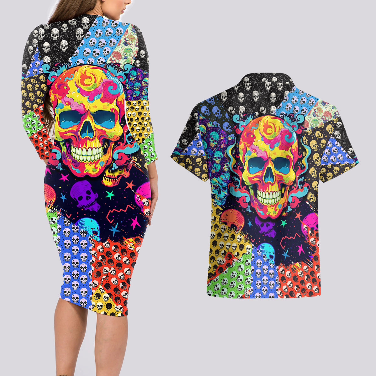 Skull Pattern Couples Matching Long Sleeve Bodycon Dress and Hawaiian Shirt Colorful Skull Pattern Mix - Wonder Print Shop