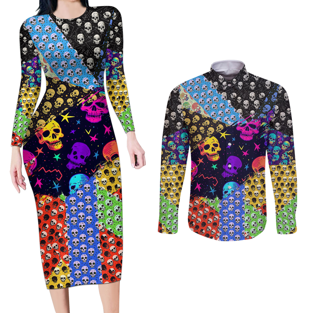 Skull Pattern Couples Matching Long Sleeve Bodycon Dress and Long Sleeve Button Shirts Colorful Skull Pattern Mix - Wonder Print Shop