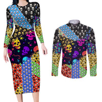 Skull Pattern Couples Matching Long Sleeve Bodycon Dress and Long Sleeve Button Shirts Colorful Skull Pattern Mix - Wonder Print Shop