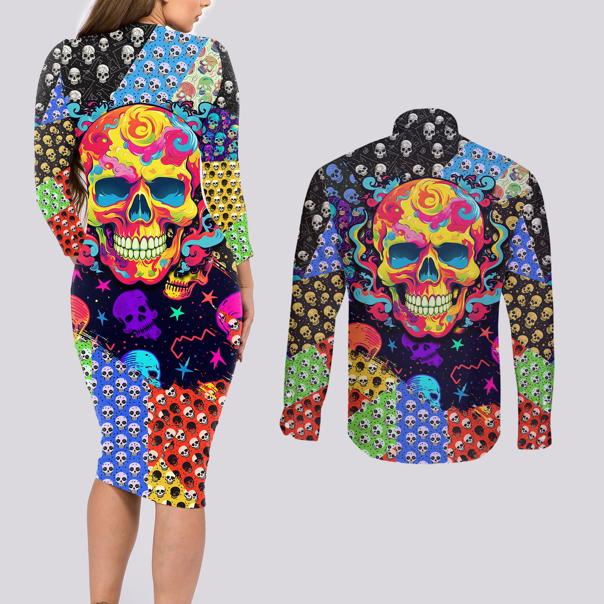 Skull Pattern Couples Matching Long Sleeve Bodycon Dress and Long Sleeve Button Shirts Colorful Skull Pattern Mix - Wonder Print Shop