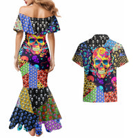 Skull Pattern Couples Matching Mermaid Dress and Hawaiian Shirt Colorful Skull Pattern Mix - Wonder Print Shop
