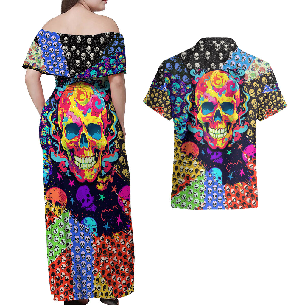 Skull Pattern Couples Matching Off Shoulder Maxi Dress and Hawaiian Shirt Colorful Skull Pattern Mix - Wonder Print Shop