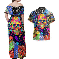 Skull Pattern Couples Matching Off Shoulder Maxi Dress and Hawaiian Shirt Colorful Skull Pattern Mix - Wonder Print Shop