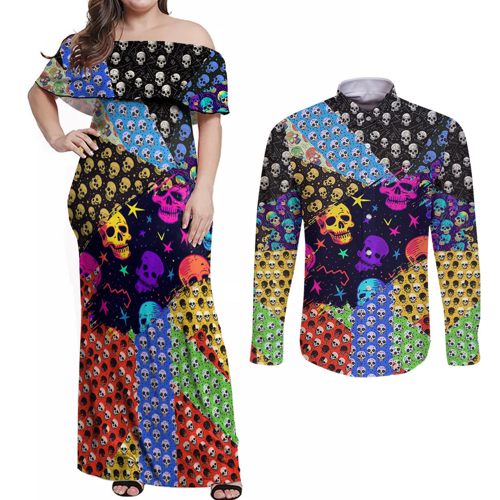 Skull Pattern Couples Matching Off Shoulder Maxi Dress and Long Sleeve Button Shirts Colorful Skull Pattern Mix - Wonder Print Shop