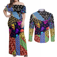 Skull Pattern Couples Matching Off Shoulder Maxi Dress and Long Sleeve Button Shirts Colorful Skull Pattern Mix - Wonder Print Shop